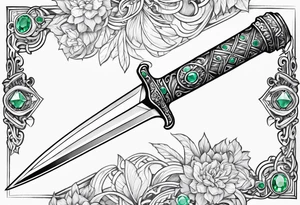 An athame dagger with the hilt turned upward and emerald gemstones on the hilt tattoo idea