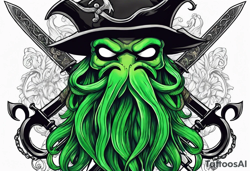 green pirate squid holding sword and anchor, black hat, beard tattoo idea