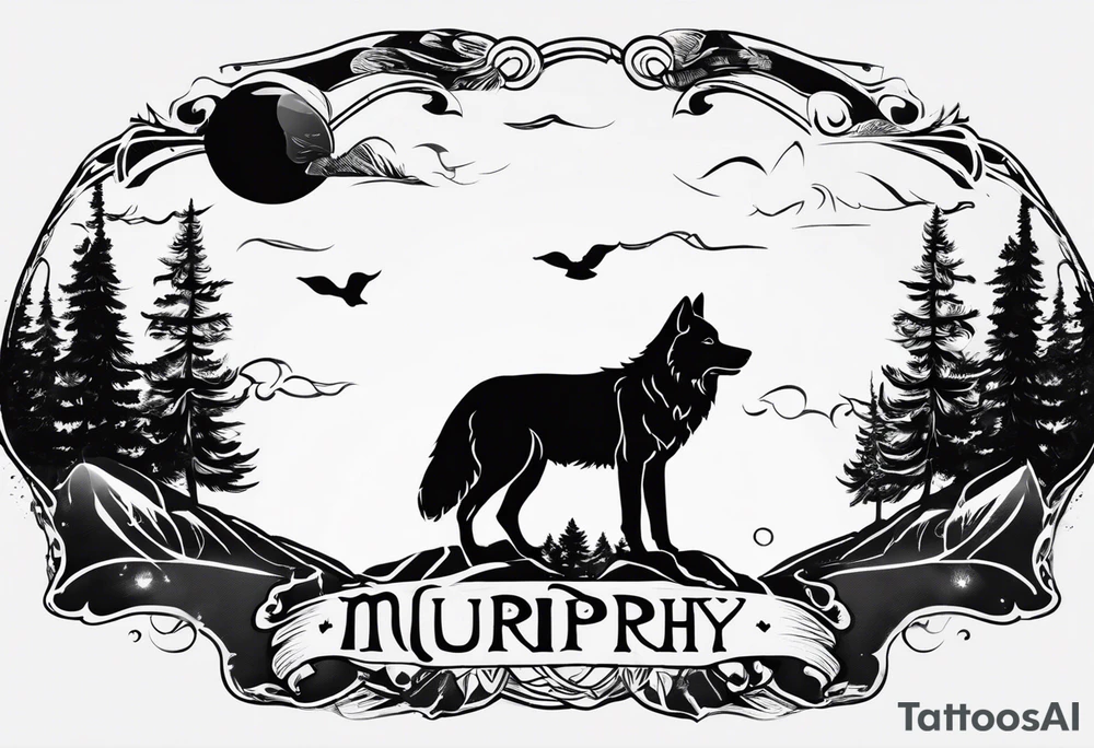 2 baby footprint with the name Murphy above and the date 8/9/23 below the foot prints. Father wolf looking over a baby wolf with nature background tattoo idea