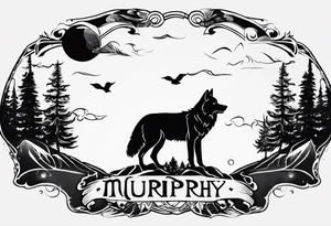2 baby footprint with the name Murphy above and the date 8/9/23 below the foot prints. Father wolf looking over a baby wolf with nature background tattoo idea