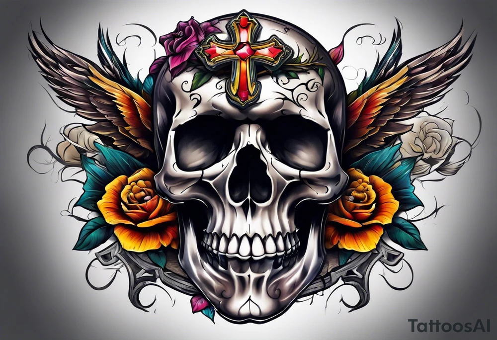 cross on top of a skull tattoo idea