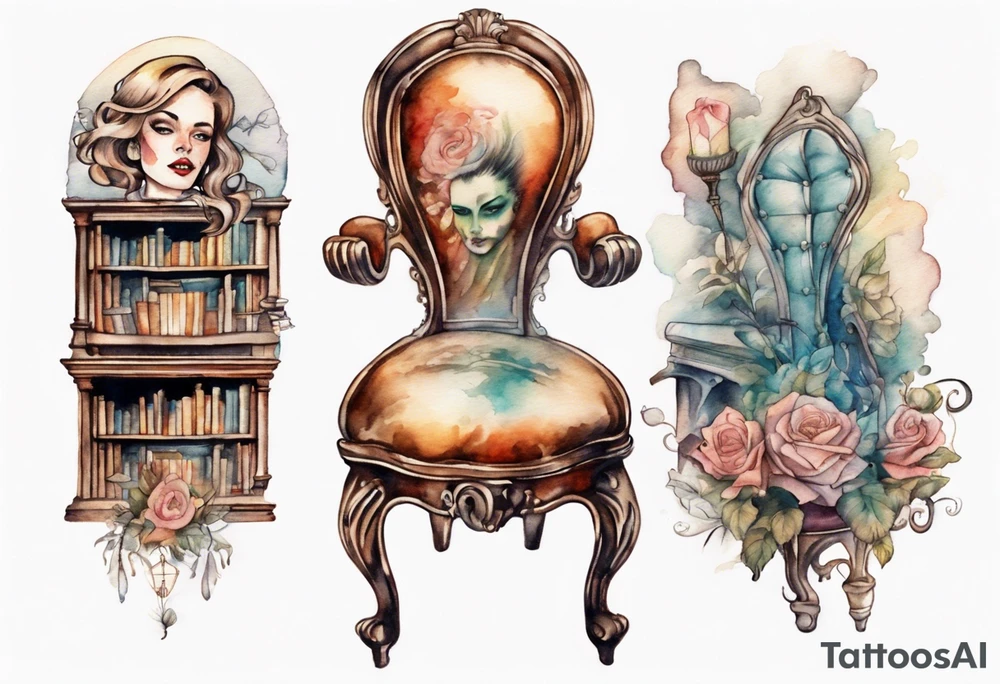 an antique chair with a woman's face emerging from the back, in a library tattoo idea
