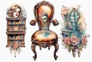 an antique chair with a woman's face emerging from the back, in a library tattoo idea