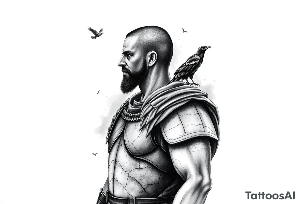 A black and grey tattoo sleeve design symbolizing silent battles and resilience. A worn gladiator with cracks in his armor stands tall, battle-weary but unbroken. Behind him, a shadowy figure represents the unseen struggles, partially obscured in mist. A single raven sits on his shoulder, symbolizing past darkness, while a faint dove soars above, representing faith and favor. Subtle tally marks blend into the background, representing victories no one sees. The design flows naturally with a balance of dark and light elements, blending realism with a slightly surreal feel. tattoo idea