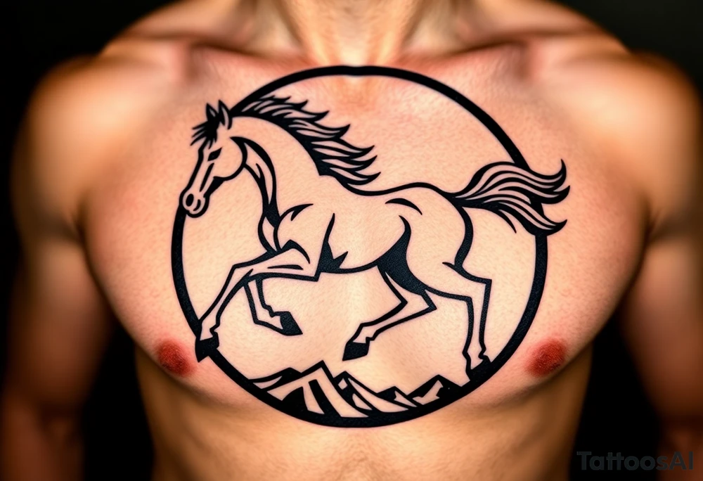 A golden mustang horse with black hair and legs in a circle where the mountain or nature is its contour to accompany the animal in full movement, running like a soul leading the devil. tattoo idea