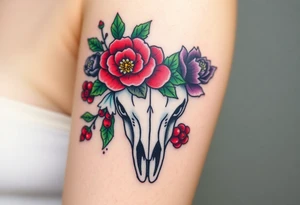 Buffalo or bison skull with flowers. Snow drop and red peony. Green holly with red berries, purple larkspur, red peony.  Colour. For upper arm or shoulder. tattoo idea