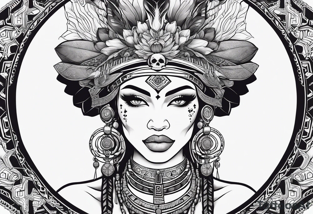 valkrye, kali, pirate, african goddess, , warrior, native american, lotus, zenza resonance, skulls, dragon, pachamama, left side face, chest, right wing, tattoo idea