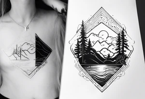 minimalistični tattoo v dizajnu vejice ki leži vodoravno z perlami pod katerim visijo tri črke in to črka E, V in A tattoo idea