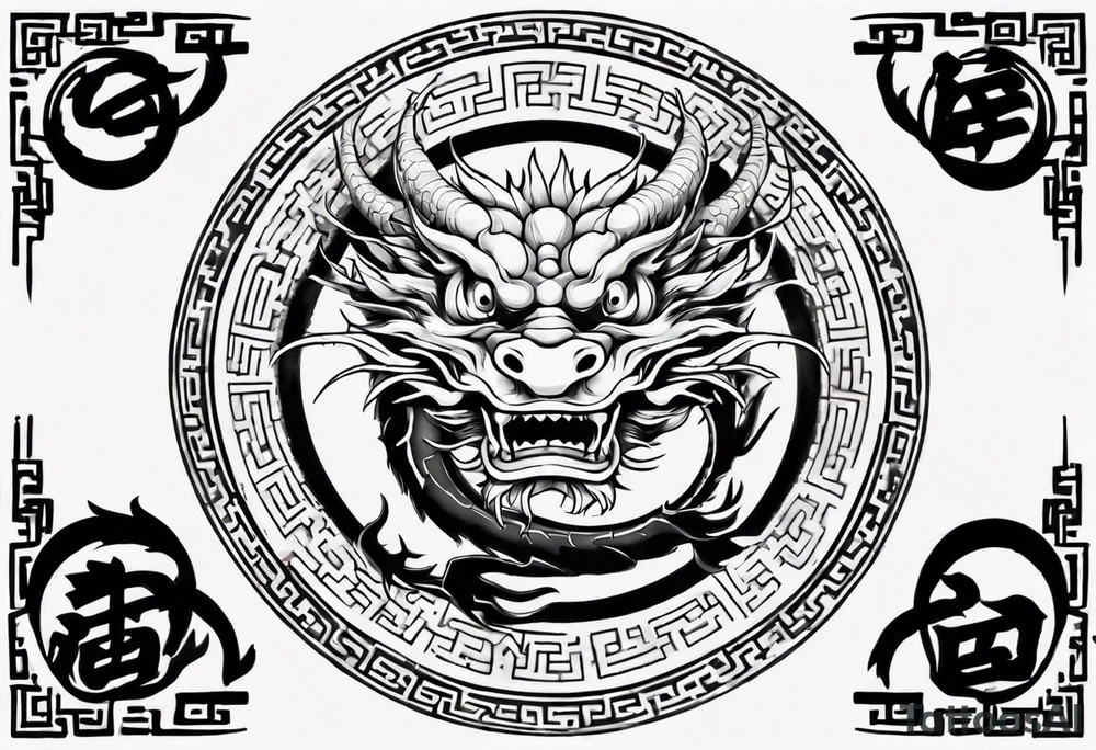Chinese dragon in a circular shape with "02.03" written on its skin tattoo idea