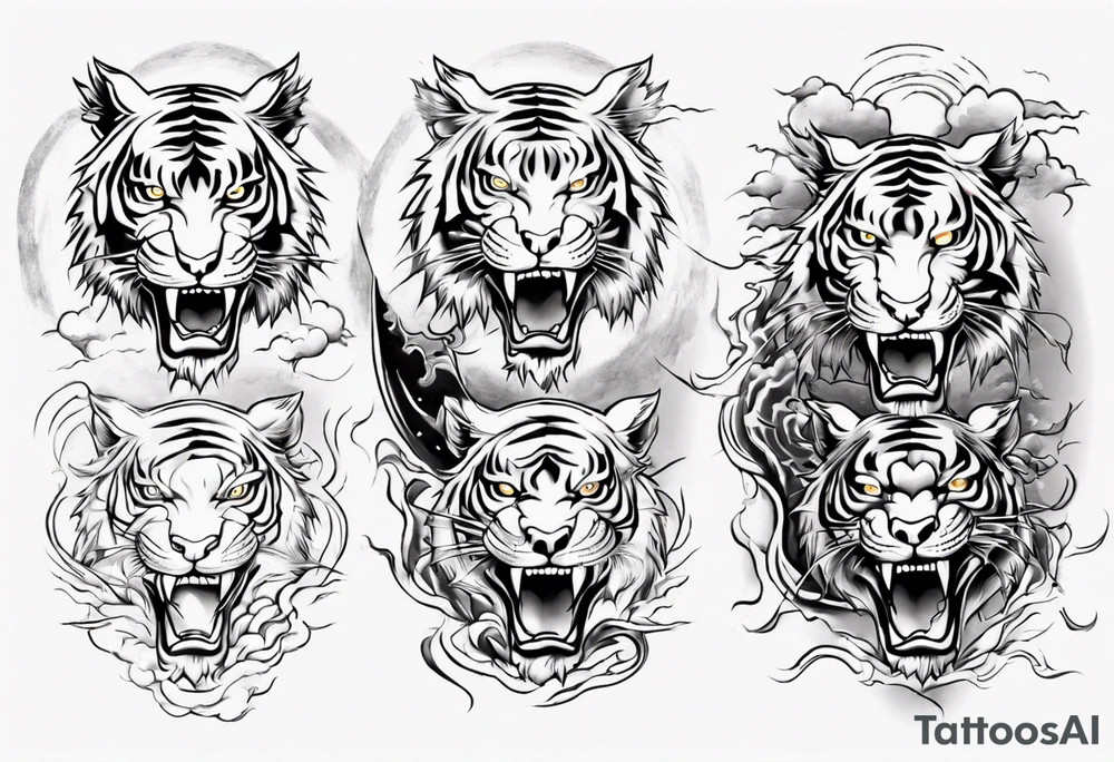 Tiger design with lightning and the sun for a forearm sleeve tattoo idea