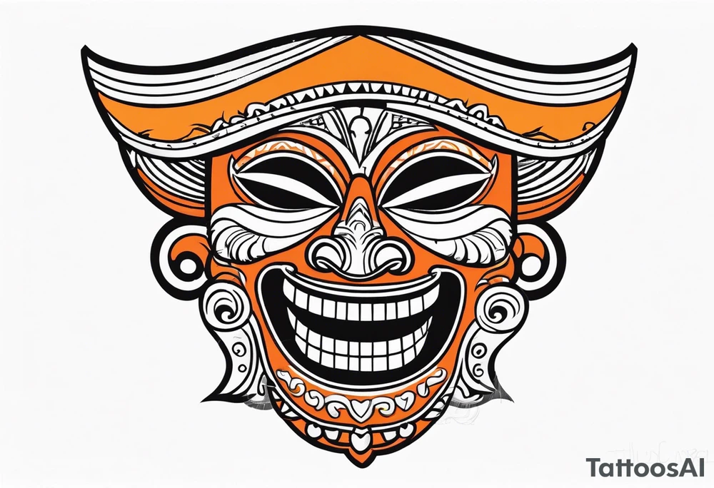 Laughing Mexican mask that is orange and black simplistic tattoo idea