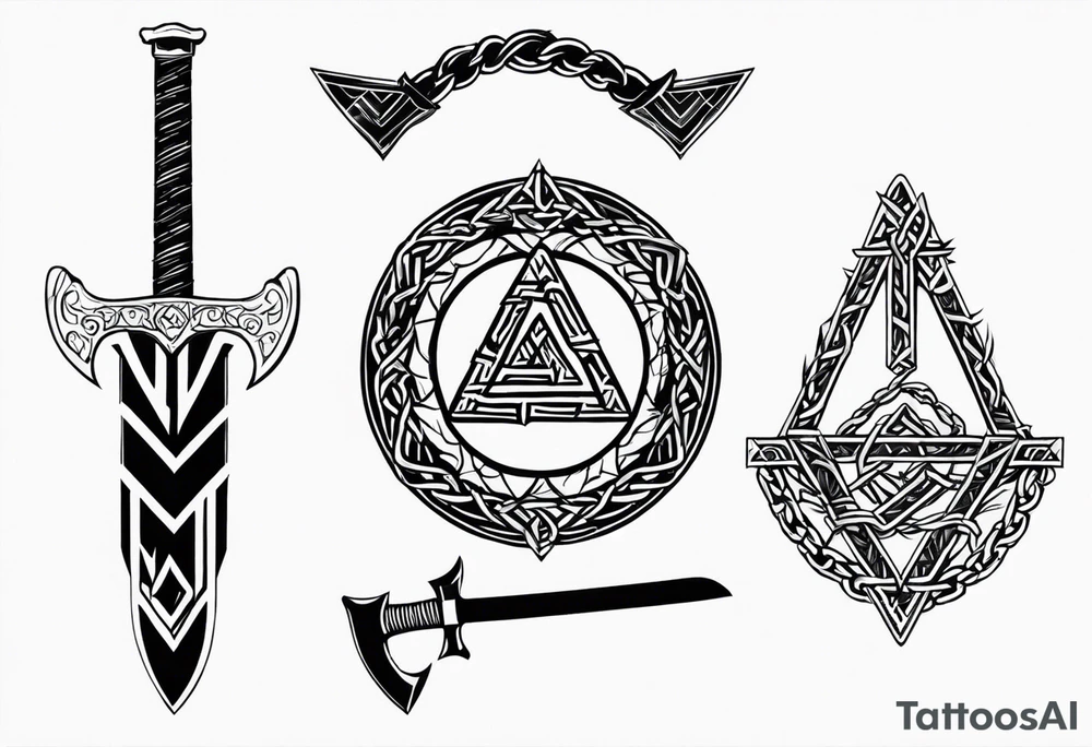 Valhalla sword shield axe barbed wire chains valknut tattoo idea