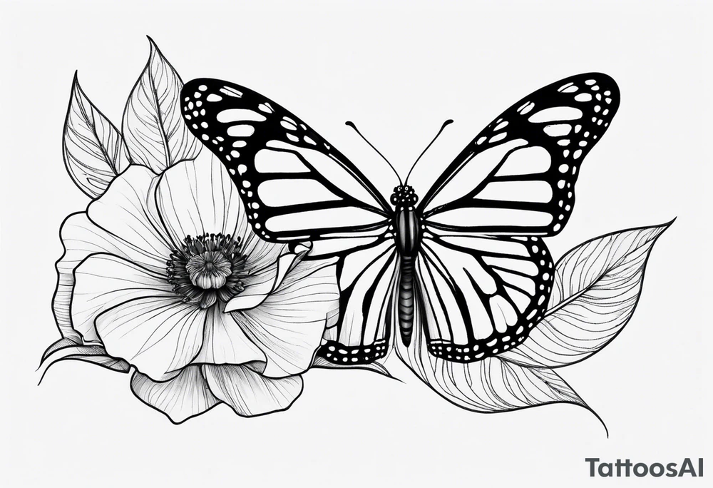 Design a black and white fine line tattoo of a monarch butterfly The top halves of the wings should be filled with delicate poppy flowers, seamlessly integrated into the wing design. The overall style should be minimalistic and elegant, with clean lines and intricate details. The bottom halves of the wings should remain simple to emphasize the flowers above. tattoo idea