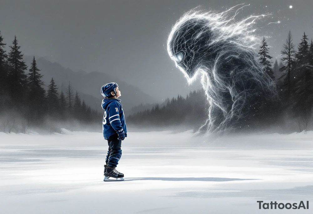 Young Player Dreaming Big
A child in oversized gear (navy blue and silver) skating alone on an empty frozen pond, looking up at a ghosted image of their future pro-self. tattoo idea
