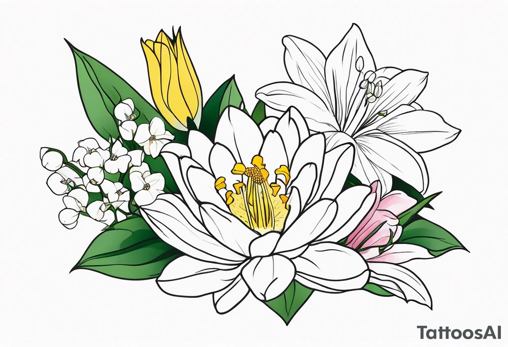 Water Lily, Lily of the Valley, Narcissus, and Gladiolus flower bouquet tattoo idea