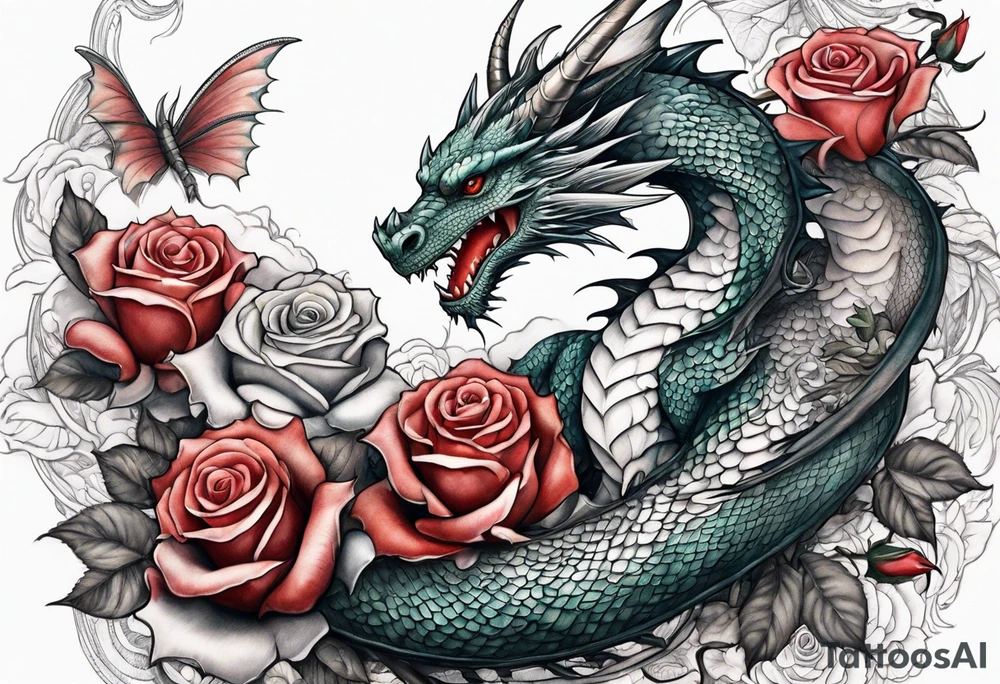 Mother dragon with wings spread with baby dragons on each side of the mother dragon and roses tattoo idea