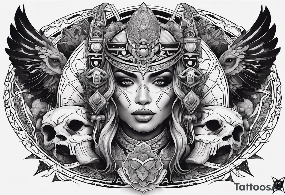 kali ma, alien goddess, valkrye, aries, pirate, divine feminine, zenza resonance, pachamama, lotus azul, blank panther, eagle, skull, 5D, nueva gaya, dna 12 tattoo idea
