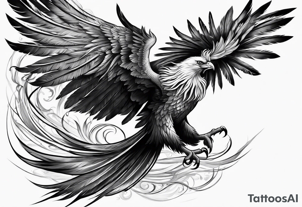 elegant long feathered phoenix
 in flight tattoo idea