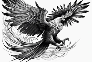 elegant long feathered phoenix
 in flight tattoo idea