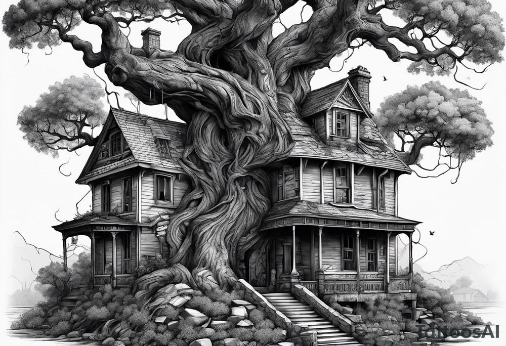 the tree of life growing out of a broken house with the devine child at its doorsteps tattoo idea