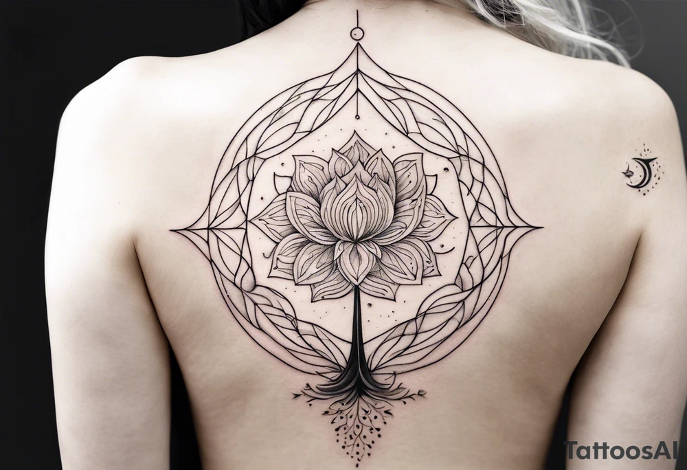 A minimalist tattoo design featuring a vertical composition. At the center is a large, abstract flower with intricate dotted shading and clean lines. A delicate tree with bare branches grows from the top of the flower, while flowing leaves emerge from the bottom. Surrounding the flower are abstract elements like small geometric shapes, a few birds, and a crescent moon, all positioned in a visually balanced way. There’s a circular solar element near the flower, with rays extending outward. The entire design is made up of fine lines, dot work, and subtle shading, creating a harmonious mix of nature and geometric abstraction. Make the tattoo vertically aligned, skinnier width and longer width tattoo idea
