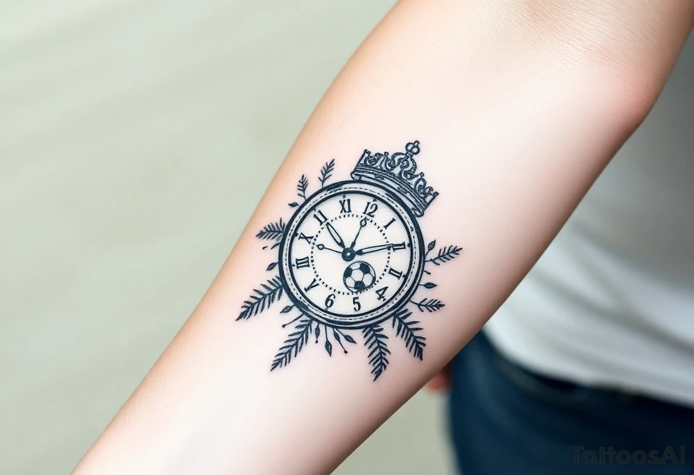 Hazme un tatuaje en el antebrazo que tenga un fondo de playa con palmeras le siga un reloj rompiéndose con un balón de fútbol con relieve con una corona y que encima del tatuaje ponga el tiempo De Dios es perfecto con una fuente en cursiva y negrita tattoo idea