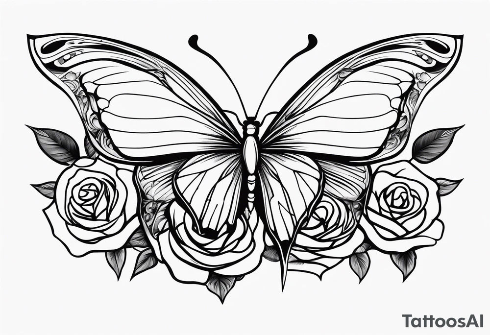 a simple, black minimalist female chest tattoo with a butterfly in the centre and roses elegantly behind it floating elegantly in horizontal position towards the shoulders tattoo idea