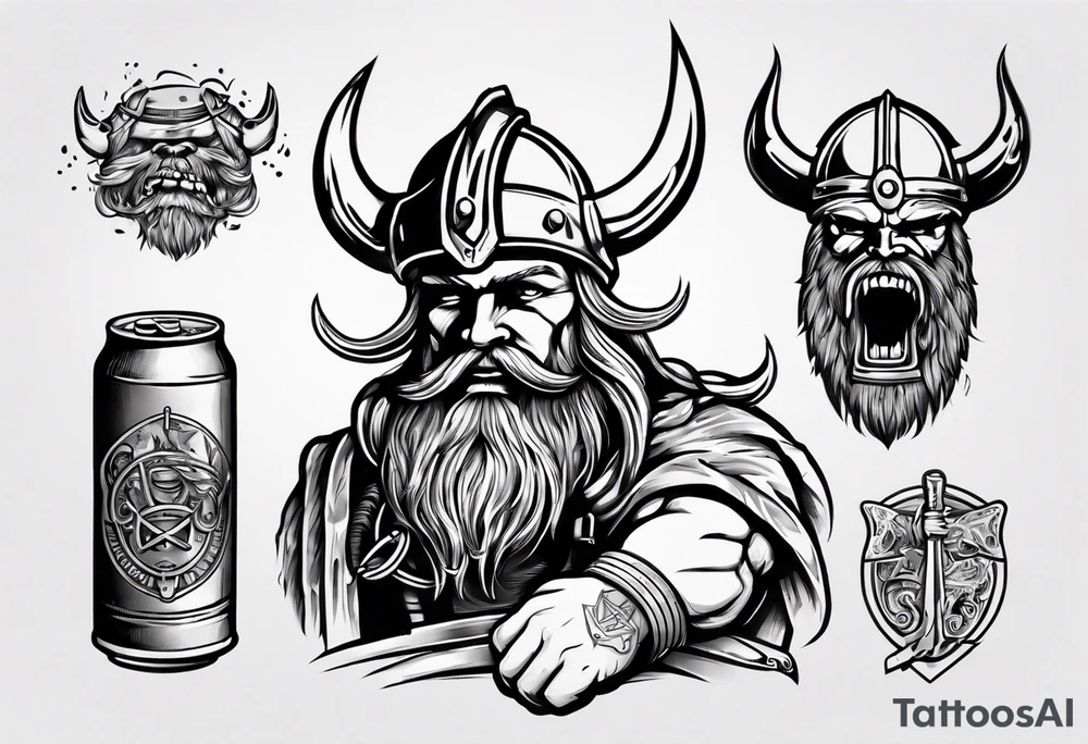 A Viking drinking a beer and holding a car tool tattoo idea