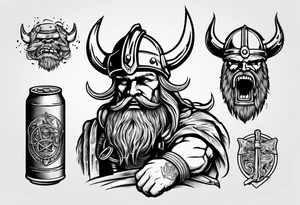 A Viking drinking a beer and holding a car tool tattoo idea