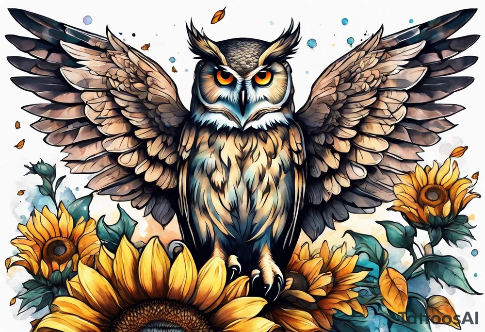 Owl with angel wings surrounded by sunflowers and butterflies sleeve tattoo idea
