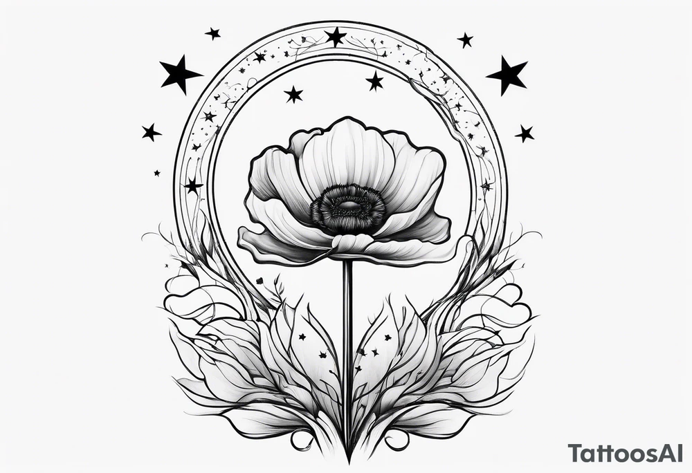 fine line vertical spine tattoo with stars, moon, clouds, poppy tattoo idea