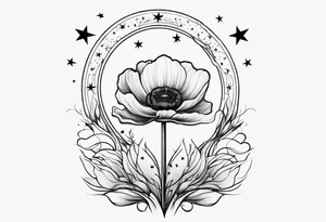 fine line vertical spine tattoo with stars, moon, clouds, poppy tattoo idea