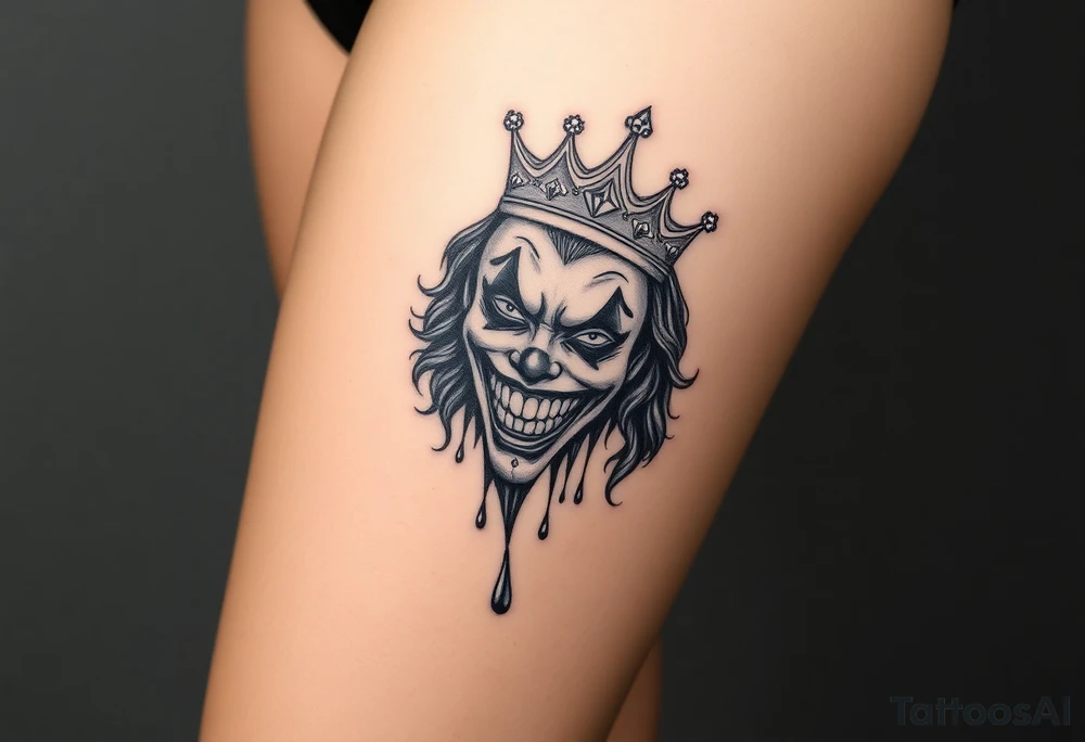 Mouthless joker with crown, dripping tattoo idea