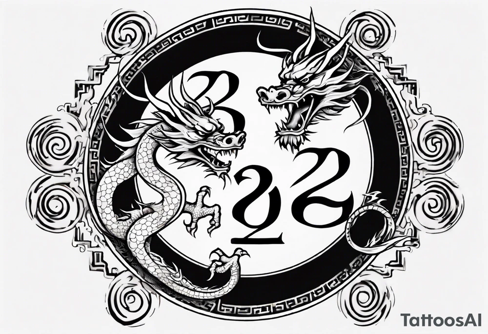 Chinese dragon in a circular shape with "02.03" written on its skin tattoo idea