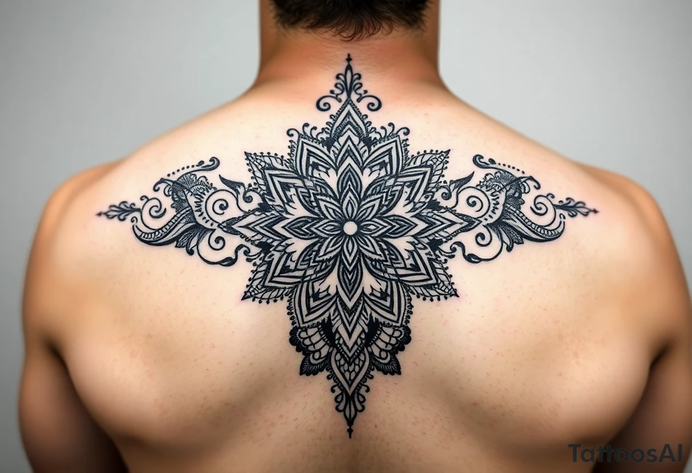 spine tattoo design with symmetrical ornamental patterns, combining dotwork, mandala elements, and flowing lines that follow the natural curves of the body. The design is intricate and balanced tattoo idea