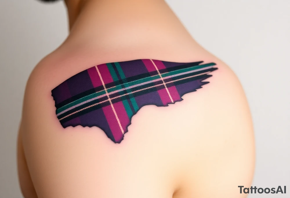 Side of arm Dark Purple with green pink blue and white highlights tartan fabric with skin peeling away at edges tattoo idea