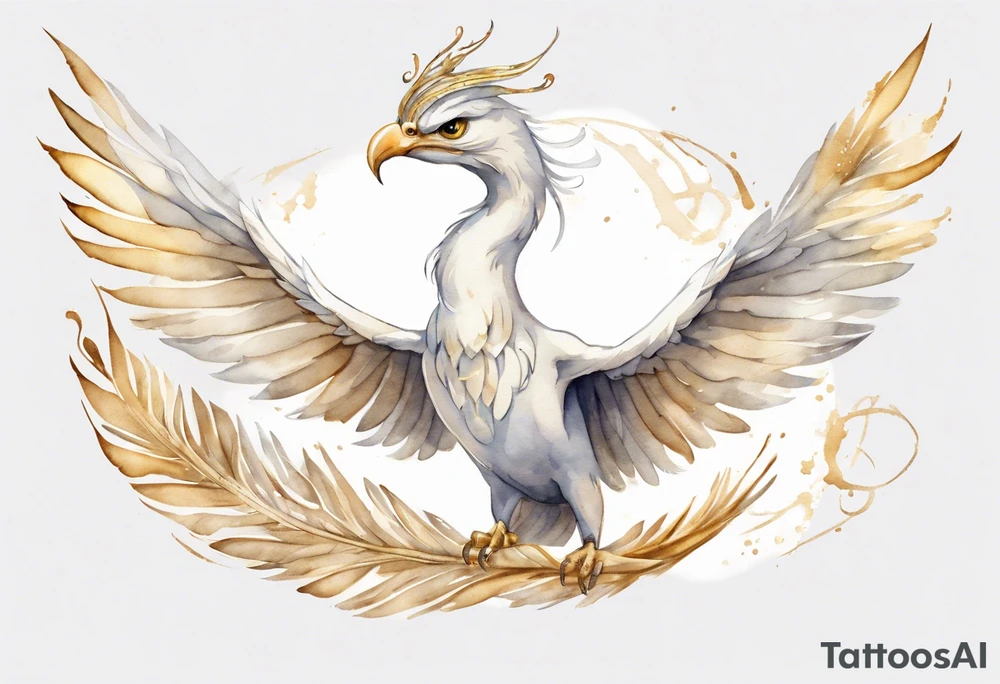 a watercolor of a white bird-serpent hybrid wearing a plain crown, with light gold wing feathers, flying in the sky tattoo idea