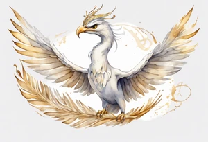 a watercolor of a white bird-serpent hybrid wearing a plain crown, with light gold wing feathers, flying in the sky tattoo idea