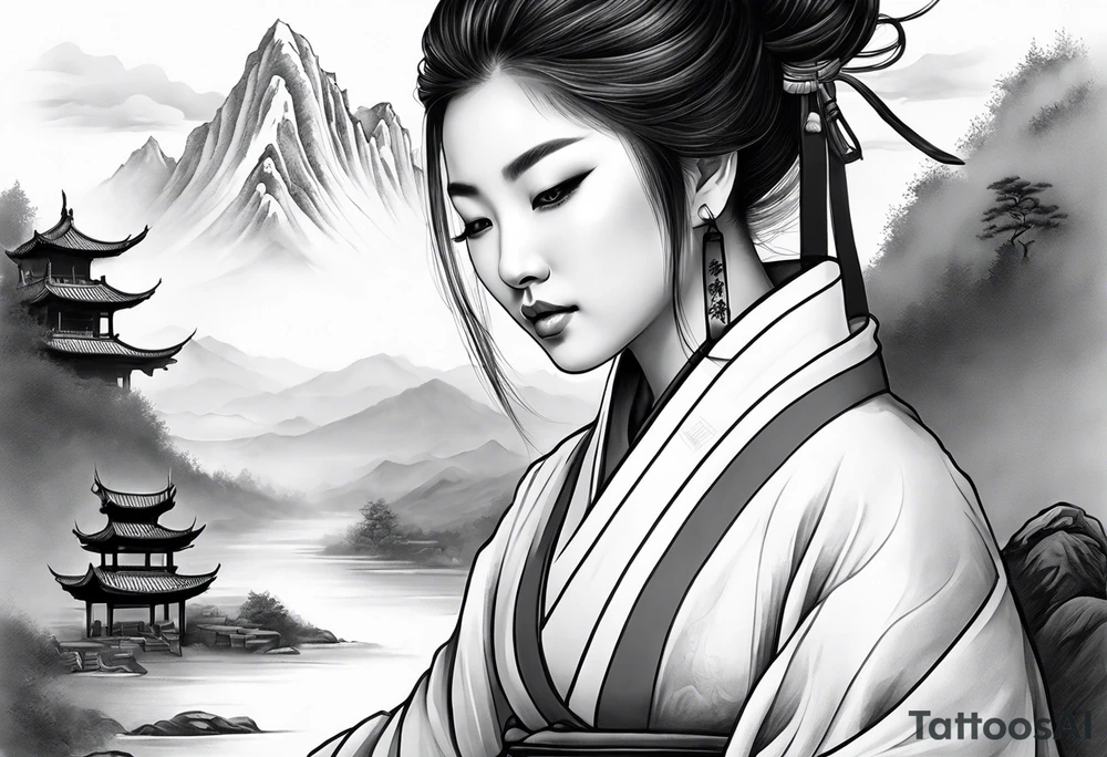 forearm sleeve traditional chinese art painting style autumn mountains mist fog water Chinese temple female with pony tail wearing robes seated meditating in the background tattoo idea