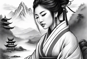 forearm sleeve traditional chinese art painting style autumn mountains mist fog water Chinese temple female with pony tail wearing robes seated meditating in the background tattoo idea