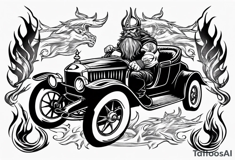 Viking riding an old vintage classic car with flames tattoo idea