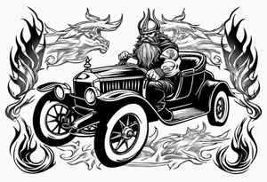 Viking riding an old vintage classic car with flames tattoo idea