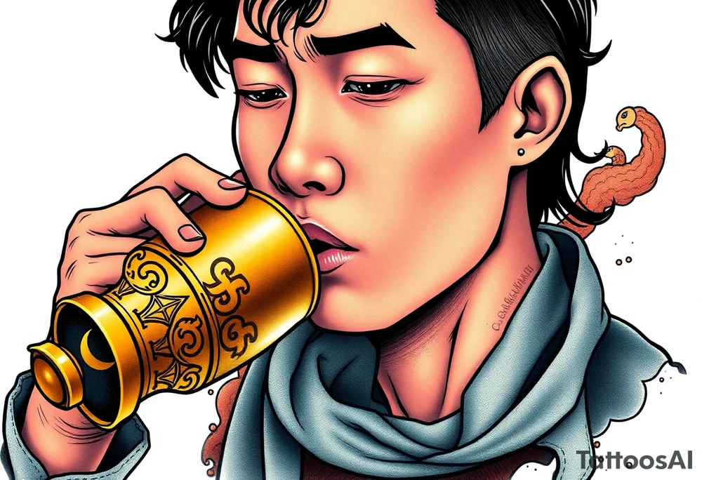 Handsome Asian young guy is drinking from medieval golden cup tattoo idea