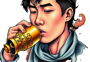 Handsome Asian young guy is drinking from medieval golden cup tattoo idea