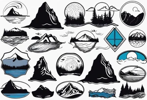 NSEW with haystack rock in the top left, mount hood in the top right, alsea falls in the bottom left, crater lake in the bottom right tattoo idea