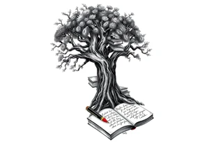 Majestic tree of knowledge with books connected as roots stacked up and an open journal with beautiful cursive writing at the base with a fountain pen for the left arm sleeve tattoo idea