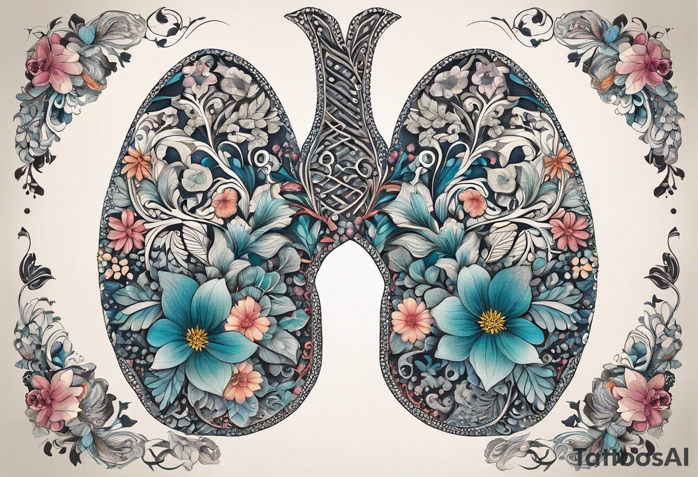 intricate and artistic arrangement of flowers and ornamental patterns that come together to form the shape of human lungs. The design should have a balance of delicacy and detail, with vibrant floral elements seamlessly intertwining to mimic the structure of the lungs, including the bronchi branching into floral motifs. Incorporate subtle shading and depth to give the tattoo a dynamic and organic feel, while maintaining elegance and symmetry, embraced by an octopus and butterflies flying around tattoo idea