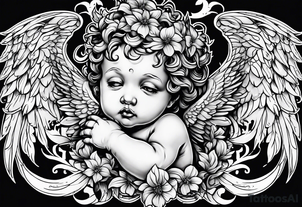 Crying cherub angel with tattoos on its arms tattoo idea