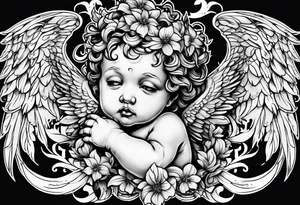 Crying cherub angel with tattoos on its arms tattoo idea