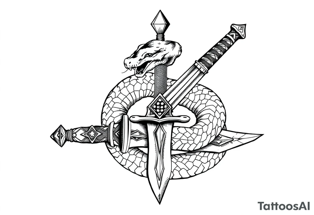 mystical snake coiled around an ancient dagger with jeweled hilt tattoo idea